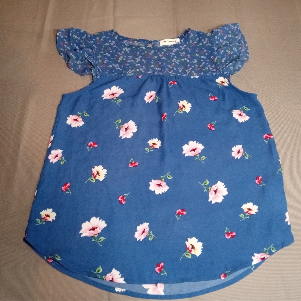 Monteau Blue Floral Capped Sleeve Blouse Size Medium
